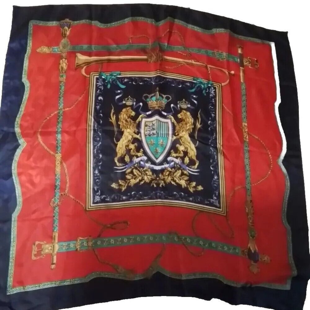 Italy 100% Silk Square Scarf Crest With Lions And Flordelie Venice Sc2